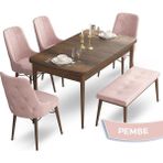 Canisa Concept Ahu Serisi 80x132 cm Açılabilir Masa Barok Ahşap Desen 4 Sandalye 1 Bench Pembe Mutfak Masa Takımı