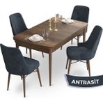 Canisa Concept Ahu Serisi 80x132 cm Açılabilir Masa Barok Ahşap Desen 4 Sandalye Antrasit Mutfak Masa Takımı