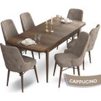 Canisa Concept Ahu Serisi 80x132 cm Açılabilir Masa Barok Ahşap Desen 6 Sandalye Cappucino Mutfak Masa Takımı