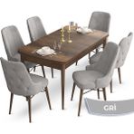 Canisa Concept Ahu Serisi 80x132 cm Açılabilir Masa Barok Ahşap Desen 6 Sandalye Gri Mutfak Masa Takımı