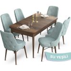 Canisa Concept Ahu Serisi 80x132 cm Açılabilir Masa Barok Ahşap Desen 6 Sandalye Su Yeşili Mutfak Masa Takımı