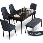Canisa Concept Ahu Serisi 80x132 cm Açılabilir Siyah Mermer Desen 4 Sandalye 1 Bench Antrasit Mutfak Masa Takımı