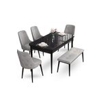 Canisa Concept Ahu Serisi 80x132 cm Açılabilir Siyah Mermer Desen 4 Sandalye 1 Bench Gri Mutfak Masa Takımı