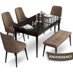 Canisa Concept Ahu Serisi 80x132 cm Açılabilir Siyah Mermer Desen 4 Sandalye 1 Bench Kahverengi Mutfak Masa Takımı
