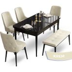Canisa Concept Ahu Serisi 80x132 cm Açılabilir Siyah Mermer Desen 4 Sandalye 1 Bench Krem Mutfak Masa Takımı