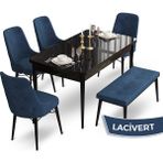Canisa Concept Ahu Serisi 80x132 cm Açılabilir Siyah Mermer Desen 4 Sandalye 1 Bench Lacivert Mutfak Masa Takımı