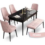 Canisa Concept Ahu Serisi 80x132 cm Açılabilir Siyah Mermer Desen 4 Sandalye 1 Bench Pembe Mutfak Masa Takımı
