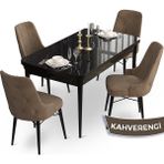 Canisa Concept Ahu Serisi 80x132 cm Açılabilir Siyah Mermer Desen 4 Sandalye Kahverengi Mutfak Masa Takımı