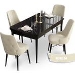 Canisa Concept Ahu Serisi 80x132 cm Açılabilir Siyah Mermer Desen 4 Sandalye Krem Mutfak Masa Takımı
