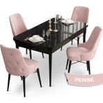 Canisa Concept Ahu Serisi 80x132 cm Açılabilir Siyah Mermer Desen 4 Sandalye Pembe Mutfak Masa Takımı