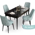 Canisa Concept Ahu Serisi 80x132 cm Açılabilir Siyah Mermer Desen 4 Sandalye Su Yeşili Mutfak Masa Takımı