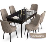 Canisa Concept Ahu Serisi 80x132 cm Açılabilir Siyah Mermer Desen 6 Sandalye Cappuccino Mutfak Masa Takımı
