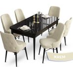 Canisa Concept Ahu Serisi 80x132 cm Açılabilir Siyah Mermer Desen 6 Sandalye Krem Mutfak Masa Takımı