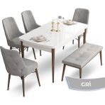 Canisa Concept Ahu Serisi 80x132 cm Beyaz Masa Ceviz Ayak 4 Sandalye 1 Bench Gri Mutfak Masa Takımı