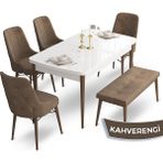 Canisa Concept Ahu Serisi 80x132 cm Beyaz Masa Ceviz Ayak 4 Sandalye 1 Bench Kahverengi Mutfak Masa Takımı