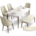 Canisa Concept Ahu Serisi 80x132 cm Beyaz Masa Ceviz Ayak 4 Sandalye 1 Bench Krem Mutfak Masa Takımı