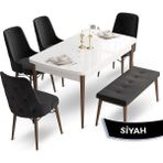 Canisa Concept Ahu Serisi 80x132 cm Beyaz Masa Ceviz Ayak 4 Sandalye 1 Bench Siyah Mutfak Masa Takımı