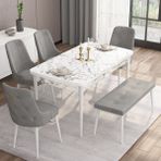 Canisa Concept Are Serisi 80 x 132 cm Açılabilir Benchli Mdf Beyaz Mermer Desen Mutfak Masa Takımı 4 Sandalye 1 Bench - 80x132 - Gri