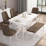 Canisa Concept Are Serisi 80 x 132 cm Açılabilir Benchli Mdf Beyaz Mermer Desen Mutfak Masa Takımı 4 Sandalye 1 Bench - 80x132 - Kahverengi