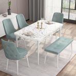 Canisa Concept Are Serisi 80 x 132 cm Açılabilir Benchli Mdf Beyaz Mermer Desen Mutfak Masa Takımı 4 Sandalye 1 Bench - 80x132 - Su Yeşili