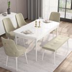 Canisa Concept Are Serisi 80 x 132 cm Açılabilir Benchli Mdf Beyaz Mutfak Masa Takımı 4 Sandalye 1 Bench - 80x132 - Krem