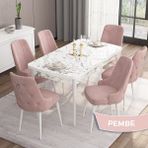 Canisa Concept Are Serisi 80 x 132 cm Açılabilir Mdf Beyaz Mermer Desen Masa Takımı 6 Sandalye Gümüş Halkalı - 80x132 - Pembe