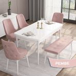 Canisa Concept Are Serisi 80 x 132 cm Mdf Beyaz Mutfak Masa Takımı 4 Sandalye Gümüş Halkalı ve 1 Bench - Pembe