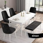 Canisa Concept Are Serisi 80 x 132 cm Mdf Beyaz Mutfak Masa Takımı 4 Sandalye Gümüş Halkalı ve 1 Bench - Siyah