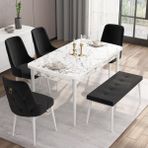 Canisa Concept Are Serisi, 80X132 Açılabilir Benchli Mdf Beyaz Mermer Desen Mutfak Masa Takımı, 4 Sandalye 1 Bench - Siyah