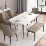 Canisa Concept Are Serisi, 80X132 Açılabilir Mdf Beyaz Masa Ceviz Ayak Masa Takımı, 4 Sandalye 1 Bench - Cappuccino