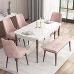 Canisa Concept Are Serisi, 80X132 Açılabilir Mdf Beyaz Masa Ceviz Ayak Masa Takımı, 4 Sandalye 1 Bench - Pembe