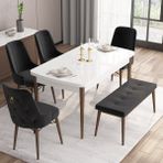 Canisa Concept Are Serisi, 80X132 Açılabilir Mdf Beyaz Masa Ceviz Ayak Masa Takımı, 4 Sandalye 1 Bench - Siyah