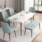 Canisa Concept Are Serisi, 80X132 Açılabilir Mdf Beyaz Masa Ceviz Ayak Masa Takımı, 4 Sandalye 1 Bench - Su Yeşili