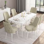 Canisa Concept Are Serisi, 80X132 Açılabilir Mdf Masa, Beyaz Mermer Desen Mutfak Masa Takımı, 6 Sandalye - Krem