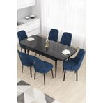 Canisa Concept Are Serisi, 80X132 Açılabilir Mdf Masa, Siyah Mermer Desen Mutfak Masa Takımı, 6 Sandalye - 80x130 - Lacivert