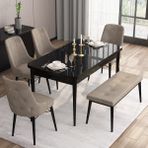 Canisa Concept Are Serisi, 80X132 Benchli Açılabilir Siyah Mermer Desen Mutfak Masası Takımı, 4 Sandalye 1 Bench - Cappuccino