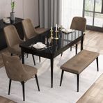 Canisa Concept Are Serisi, 80X132 Benchli Açılabilir Siyah Mermer Desen Mutfak Masası Takımı, 4 Sandalye 1 Bench - Kahverengi