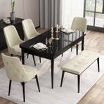 Canisa Concept Are Serisi, 80X132 Benchli Açılabilir Siyah Mermer Desen Mutfak Masası Takımı, 4 Sandalye 1 Bench - Krem