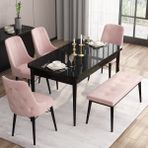 Canisa Concept Are Serisi, 80X132 Benchli Açılabilir Siyah Mermer Desen Mutfak Masası Takımı, 4 Sandalye 1 Bench - Pembe