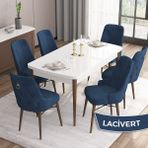 Canisa Concept Are Serisi, Beyaz Masa Ceviz Ayak Mdf 80X132 Açılabilir Mutfak Masa Takımı, 6 Sandalye Gold Halkalı - Lacivert