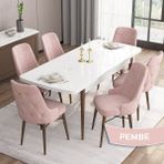 Canisa Concept Are Serisi, Beyaz Masa Ceviz Ayak Mdf 80X132 Açılabilir Mutfak Masa Takımı, 6 Sandalye Gold Halkalı - Pembe