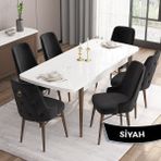 Canisa Concept Are Serisi, Beyaz Masa Ceviz Ayak Mdf 80X132 Açılabilir Mutfak Masa Takımı, 6 Sandalye Gold Halkalı - Siyah