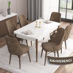 Canisa Concept Are Serisi Mdf 80 x 132 cm Açılabilir Beyaz Masa Ceviz Ayak Mutfak Masası Takımı 6 Sandalye Gümüş Halkalı - 80x132 - Kahverengi