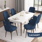 Canisa Concept Are Serisi Mdf 80 x 132 cm Açılabilir Beyaz Masa Ceviz Ayak Mutfak Masası Takımı 6 Sandalye Gümüş Halkalı - 80x132 - Lacivert