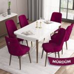 Canisa Concept Are Serisi Mdf 80 x 132 cm Açılabilir Beyaz Masa Ceviz Ayak Mutfak Masası Takımı 6 Sandalye Gümüş Halkalı - 80x132 - Mürdüm