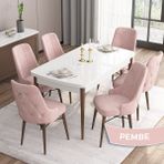 Canisa Concept Are Serisi Mdf 80 x 132 cm Açılabilir Beyaz Masa Ceviz Ayak Mutfak Masası Takımı 6 Sandalye Gümüş Halkalı - 80x132 - Pembe