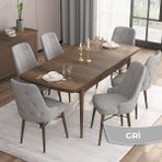 Canisa Concept Are Serisi, Mdf 80X132 Açılabilir Barok Ahşap Desen Mutfak Masa Takımı, 6 Sandalye Gold Halkalı - Gri