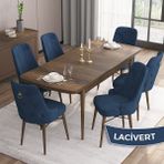 Canisa Concept Are Serisi, Mdf 80X132 Açılabilir Barok Ahşap Desen Mutfak Masa Takımı, 6 Sandalye Gold Halkalı - Lacivert