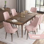 Canisa Concept Are Serisi, Mdf 80X132 Açılabilir Barok Ahşap Desen Mutfak Masa Takımı, 6 Sandalye Gold Halkalı - Pembe