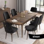 Canisa Concept Are Serisi, Mdf 80X132 Açılabilir Barok Ahşap Desen Mutfak Masa Takımı, 6 Sandalye Gold Halkalı - Siyah